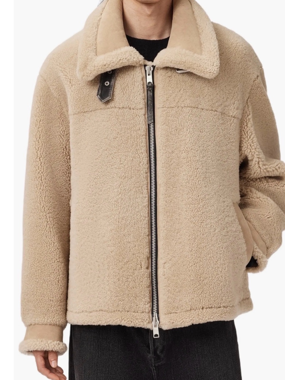 AllSaints Beige Vernon Genuine Shearling Jacket —-XL